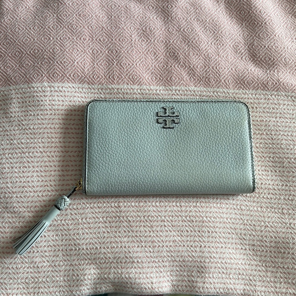 Slightly used pale blue Tory Burch zippy wallet